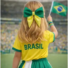 Laço de cabelo Infantil Tecido Bico de Pato Antideslizante Copa do Mundo Brasil Artesanal