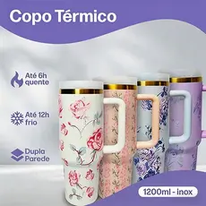 Copo Térmico 1.2L Inox com Canudo Plástico 1200mL Garrafa com Protetor de Canudo Florido Personalizado Floral