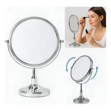 Espelho De Mesa Dupla Face 17cm Com Aumento Giratório 360° Prata