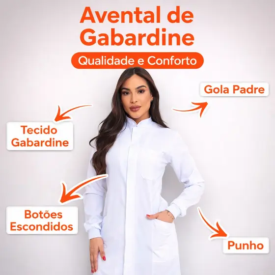 Jaleco Branco Feminino Gabardine Manga Longa Para Estágio Enfermagem Fisio Odontologia Moda Branca