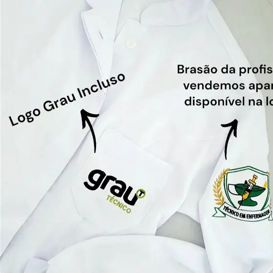 Jaleco Grau Tecnico Bordado Feminino Com Botão Elástico Acinturado, Manga Longa Branco