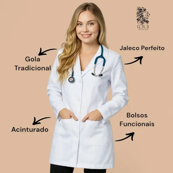 Jaleco Branco Feminino Oxford Premium Manga Longa Acinturado Avental Hospitalar Enfermagem