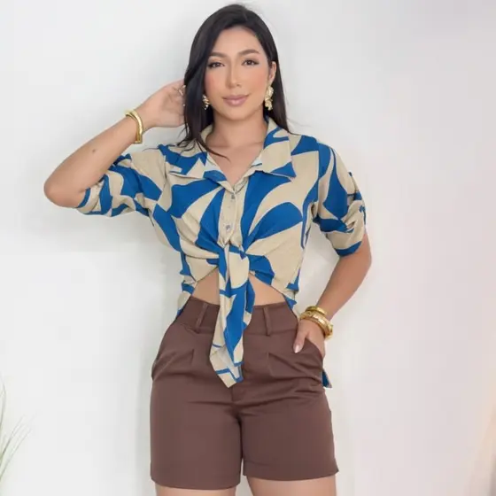 Cropped Mullet Estampado Festa Verão c/ Amarração Manga 3/4 Sensual LANÇAMENTO