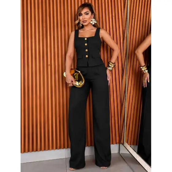 Conjunto marrate Feminino Luxo Colete + Calça Elegante com Botão e Bolso