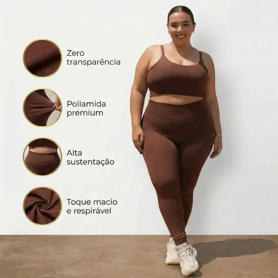 Conjunto Academia Feminino Plus Size Zero transparência Poliamida Top alta sustentação leg cós alto