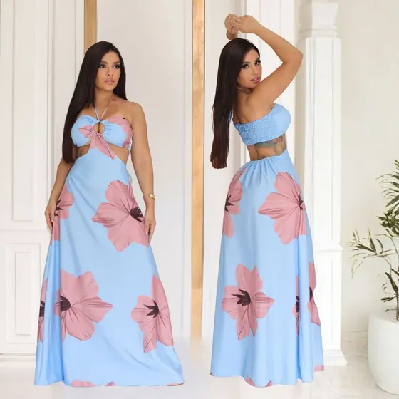 Vestido Longo Azul Bebê com Estampa Floral Moderno, Elegante e Sensual