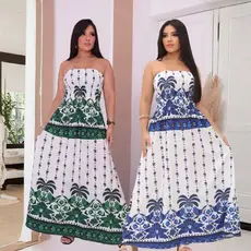 kit-2 peças Vestido Tropical Longo Tomara que Caia Estampado – Moda Feminina 2026 Azul + Verde
