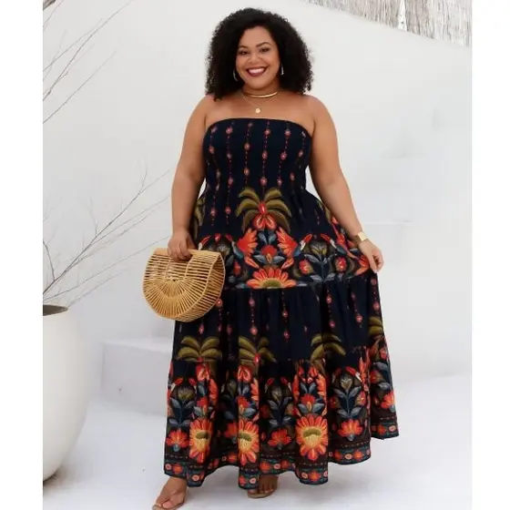 Vestido Longo Femenino PLUS SIZE ESTAMPADO Floral Casual  Elegante