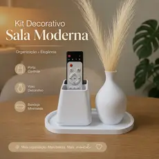 Kit Decorativo Sala Porta Controle + Bandeja + Vaso com Capim do Pampa | Organizador Moderno