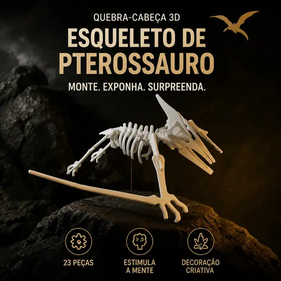 Quebra-Cabeça 3D Esqueleto Pterossauro 23 Peças | Dinossauro para Montar Educativo e Decorativo