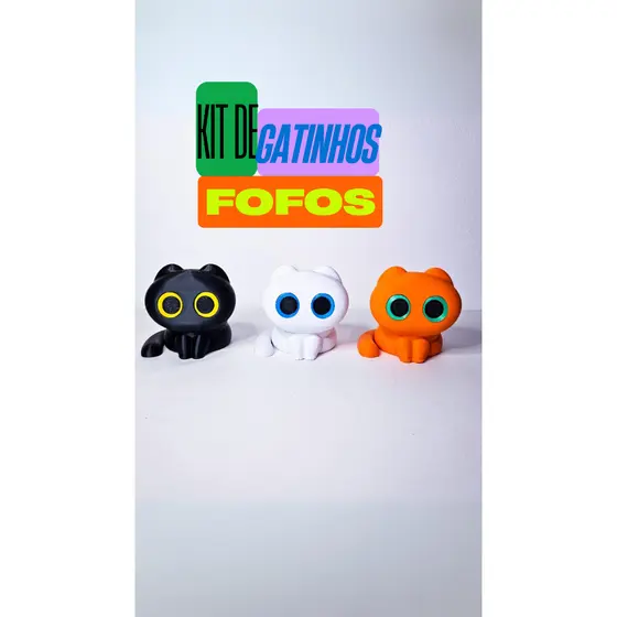 Kit 3 Gatinhos Big Eyes Fofos Decoração Mesa Quarto Olhos Grandes 3D
