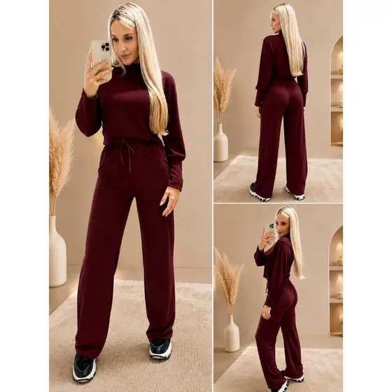 Conjunto Feminino Elegante Tecido Lancinha Inverno Manga Longa Calça Pantalona Moda Casual Chic