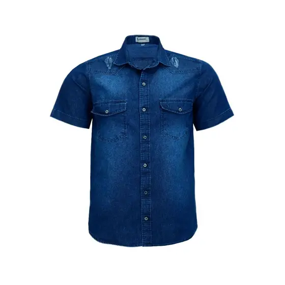 Camisa Jeans Social 2 Bolsos Manga Curta Amil Fácil De Passar 1858
