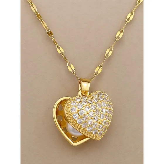 Colar Feminino Pingente de Coração com Pérola com Zircônia Aço Inoxidável Delicado
