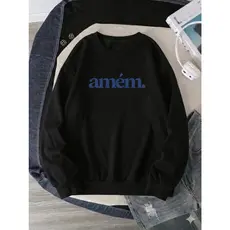 Moletom Unissex Amém Casual Confortável Blusa de Frio Sem Capuz Algodão - Preto, Bege, Rosa