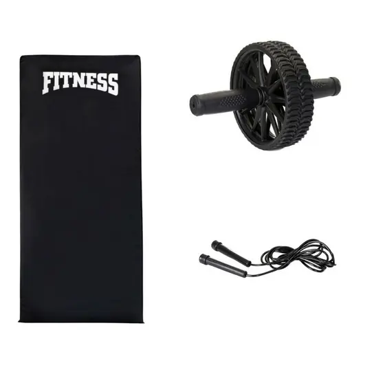 Kit 3 Fitness Roda + Corda + Colchonete Exercícios Abdominal Funcional Treino