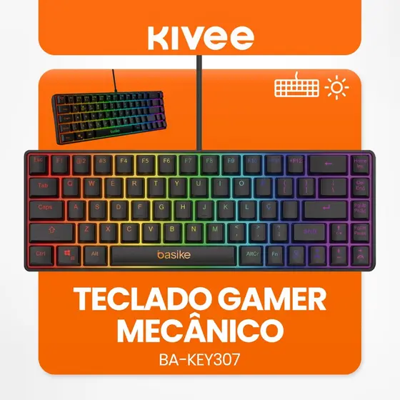 Kivee X Basike Teclado Gamer Mini Compacto de 60% Iluminação RGB Com Fio Layout ABNT2 Conexão USB-C KEY307