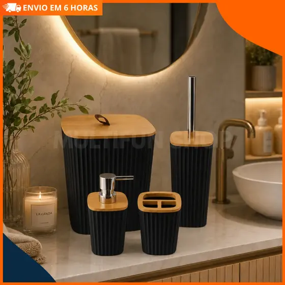 Conjunto 4 Peças de Banheiro Moderno com Tampa de Bambu – Organizador Decorativo Elegante Branco ou Preto