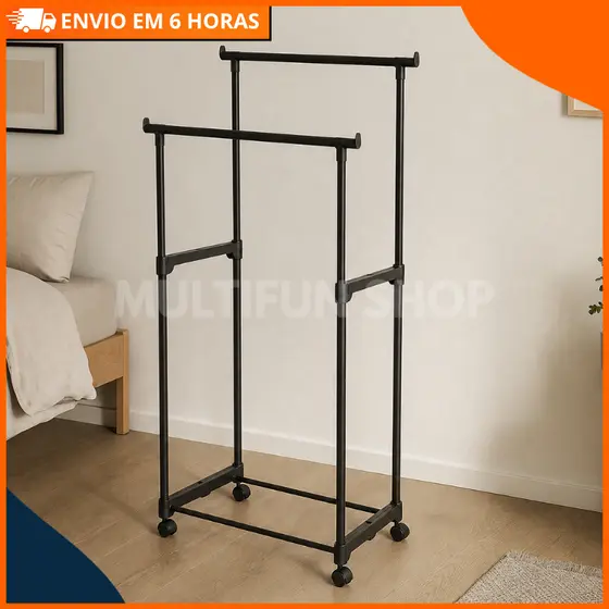 Arara Dupla de Roupa Ferro e Plástico PP Cabideiro Sapateira Quarto Resistente com Rodinha Multiuso Mais de 30 Cabides