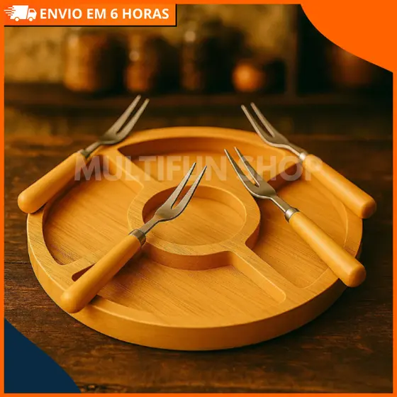 Gamela Petisqueira Com 5 Divisões + 4 Garfos de Ferro Aperitivos Churrasco Frios Decorativo