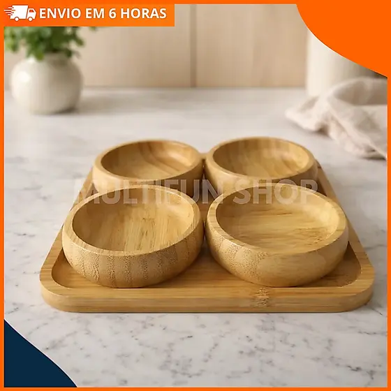 Bandeja Petisqueira em Bambu com 4 Molheiras Design Elegante para Servir Aperitivos