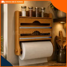 Porta Papel Toalha Bambu Suporte 3 em 1 Organizador Cozinha Dispenser Filme Plastico Alumínio Cortador Prateleira Temper