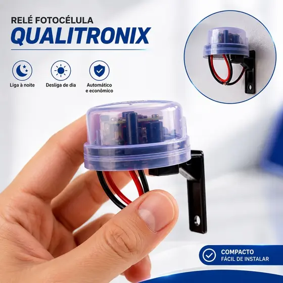 Relé Sensor Fotocélula Bivolt Qualitronix Com Suporte Acende e Apaga Automático Dia e Noite