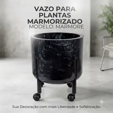 Cachepô Móvel Marmorizado Orbiter M-1 com Rodízios para Plantas Decorativo Moderno Preto Elegante