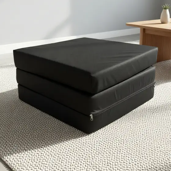 Pufe Puff Vira Cama 3em 1 Multiuso De Solteiro Dobrável Colchonete Cor Preto.