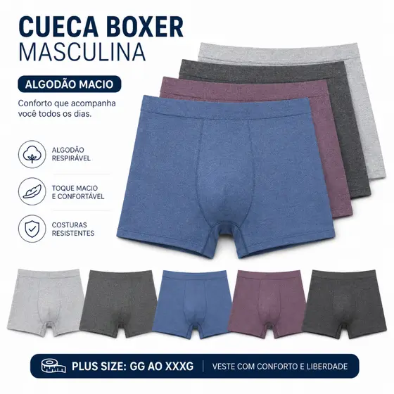 Cueca Boxer Masculina Plus Size de Algodão Macio GG ao XXXG Confortável