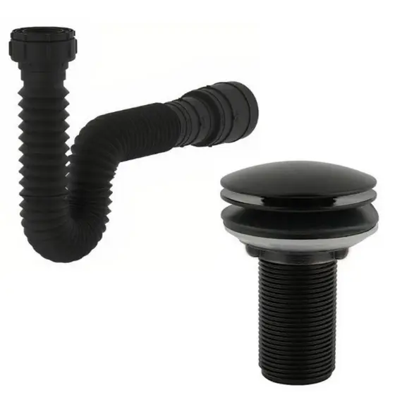 Kit de Banheiro em ABS- Ralo Válvula click 7/8 Preto+ Sifão Flexível Sanfonado Preto