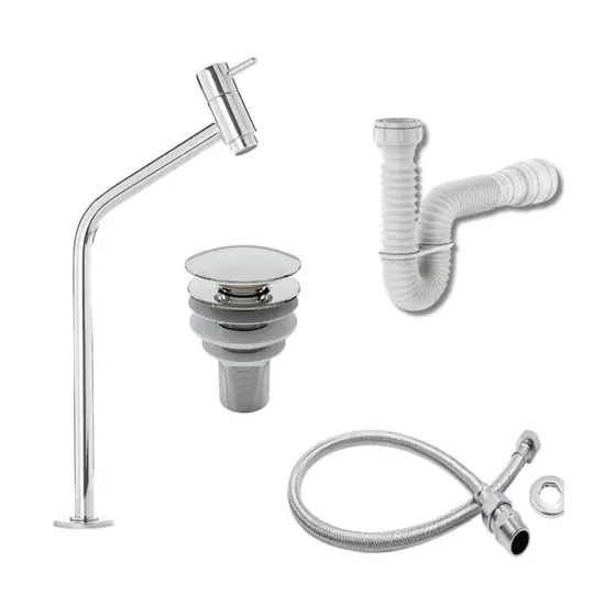 Kit de Banheiro em ABS- Torneira Bancada Link Cromada+ Ralo Válvula click 7/8 Cromado + Sifão Branco+ Engate 40CM