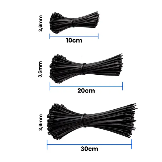 Kit 300 Abraçadeiras Nylon 10, 20 e 30cm 3,6mm Hurker Lacre Enforca Gato Presilha Cabos Organizar