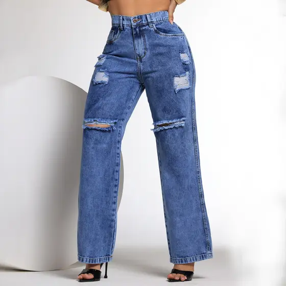 Calça Wide Leg Jeans Feminina Marmorizada Navalhada Cintura Alta 100% Algodão Premium