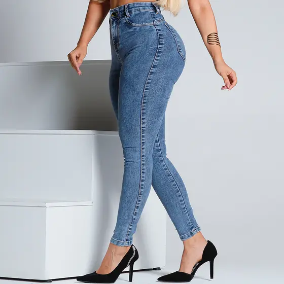 Cal莽a Jeans Feminina Cintura Alta com Lycra Tecido Premium