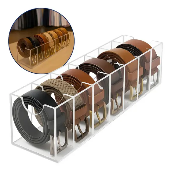 Suporte Organizador de Cintos em Acrílico Transparente com 7 Divisórias