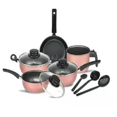 Conjunto Kit Jogo de Panelas Antiaderente 8 Peças Elegan Prime Tampa Vidro Saida Vapor Cor Rose