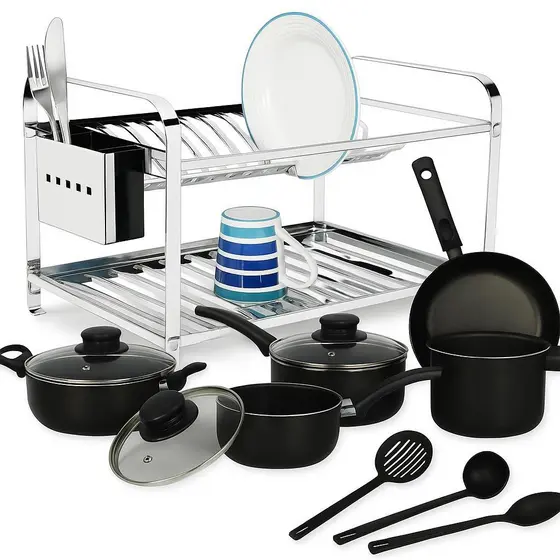 Escorredor De Pratos Inox E Conjunto Kit Jogo Panela Preto