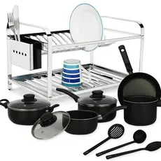 Escorredor De Pratos Inox E Conjunto Kit Jogo Panela Preto