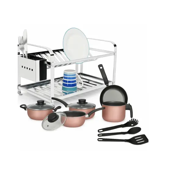 Conjunto Kit Jogo Panela Rose E Escorredor De Pratos Inox