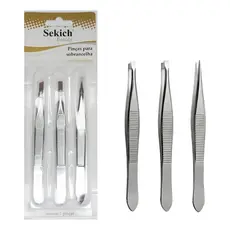 Kit 3 Pinças Inox de Precisão Sekich Beauty – Para Sobrancelhas e Depilação Facial com Resultado Profissional