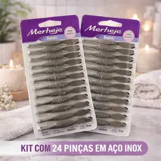 Kit 12/24 Pinça Básica Original Merheje Aço Inox Ponta Reta Profissional para Sobrancelha Depilação Uso pessoal Higiene