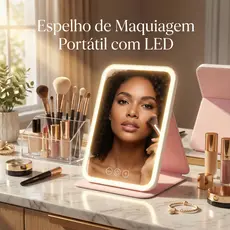 Espelho de Maquiagem com LED Recarregável Portátil Dobrável Capa de Couro Luz Ajustável Smart para Mesa