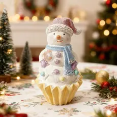 Boneco de Neve Cupcake em Cerâmica Enfeite Natalino 15x6cm