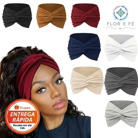 Faixa Turbante de Cabelo Larga Nó Branca Preta Branca Marrom Terracota Azul Marinho Azul Royal Amarela Rosa Roxa Verde