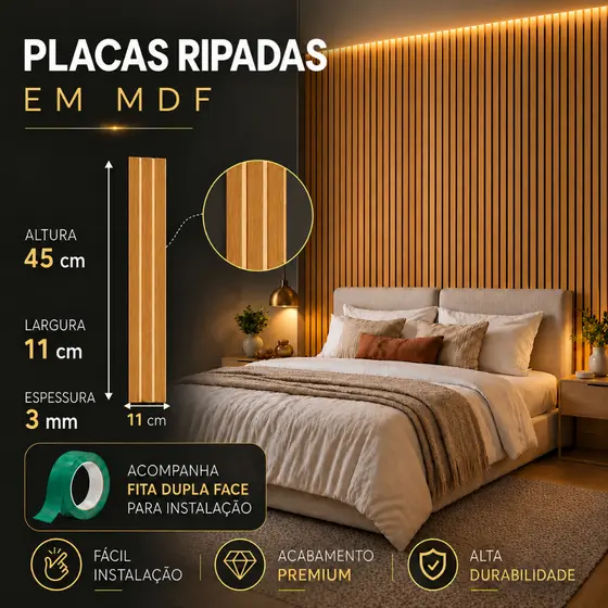 Kit Até 100 Placas Painel Ripado MDF Autocolante 45x11cm Revestimento de Parede Decorativo