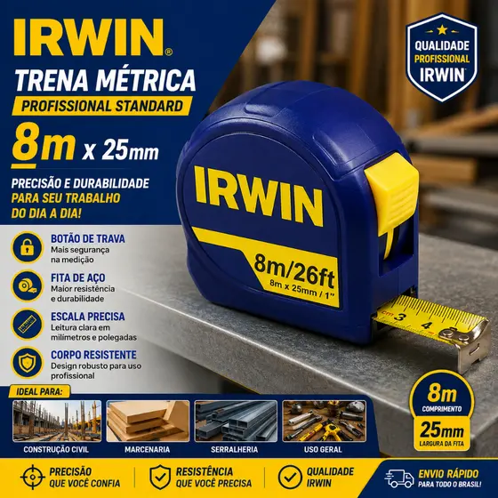Trena Métrica Irwin 8mx25mm, Botão De Trava, Fita De Aço, Profissional Standard