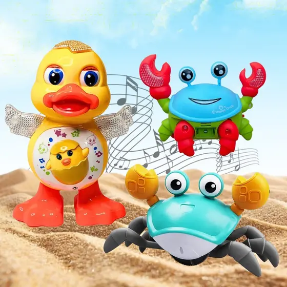 Kit Pato Caranguejo Fujão Patinho Brinquedo Dançante Musical Dançarino Anda Mexe com Luz Som Sensor