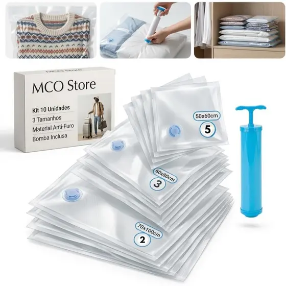 Kit 10 Saco a Vácuo com Bomba – 5M 3G 2XG | Reutilizável, Anti-Furo, Ideal p/Roupas, Viagens, Edredons e Organização