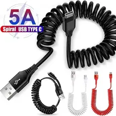 Cabo De Dados De Mola 5A Tipo C-Carregador De Telefone Para Carro-Espiral Extensível-Portátil Carregamento Rápido-USB Te